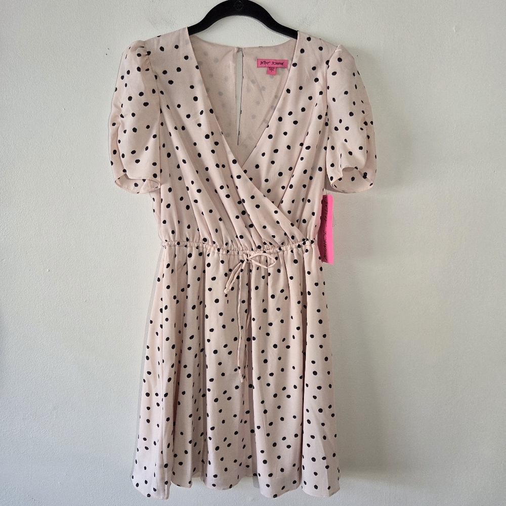 Betsey Johnson NWT Polka Dot Dress Size 2 Blush Pink Black Mini Faux Wrap